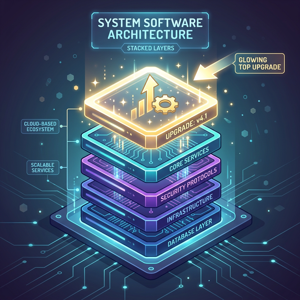 Stacked layers of system software architecture including database layer, infrastructure, security protocols, core services, and glowing top upgrade labeled v4.1
