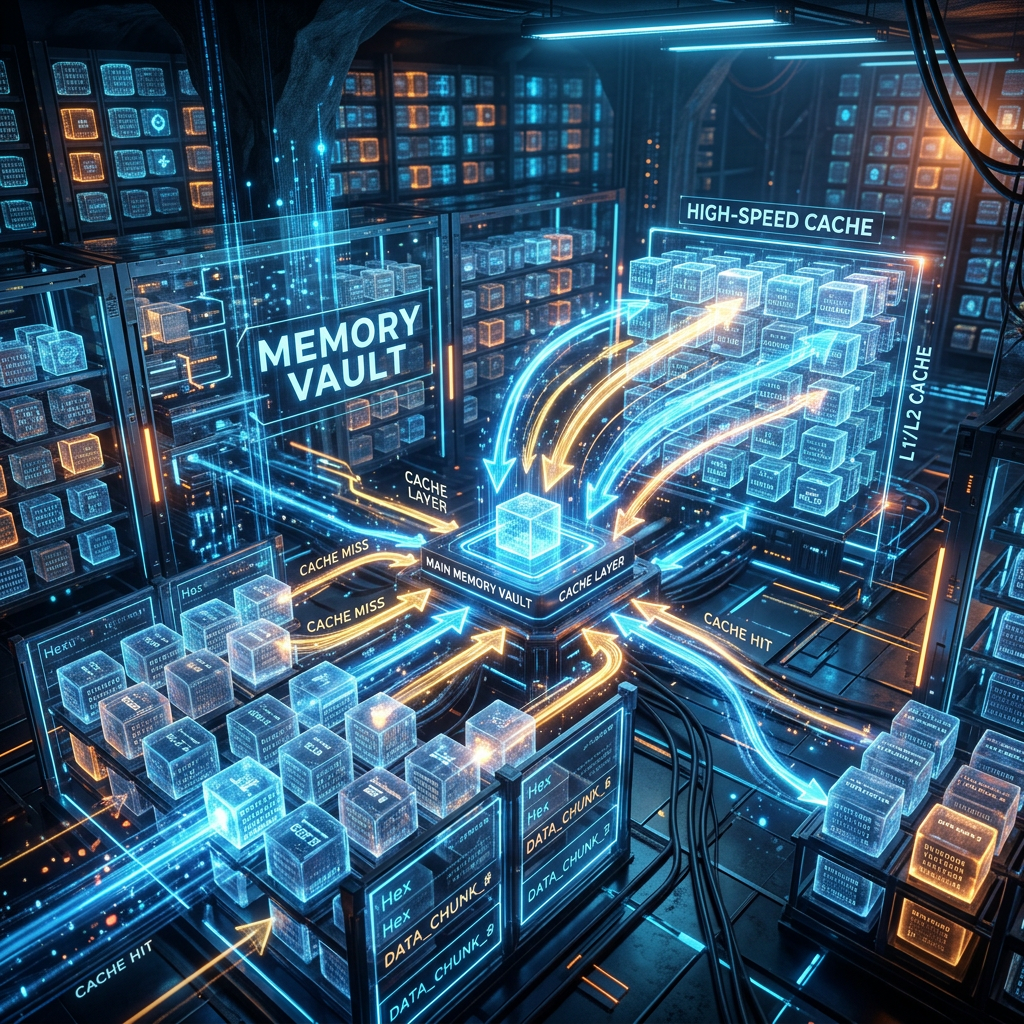 3D schematic of data flow between high-speed cache and main memory vault with cache hits and misses.
