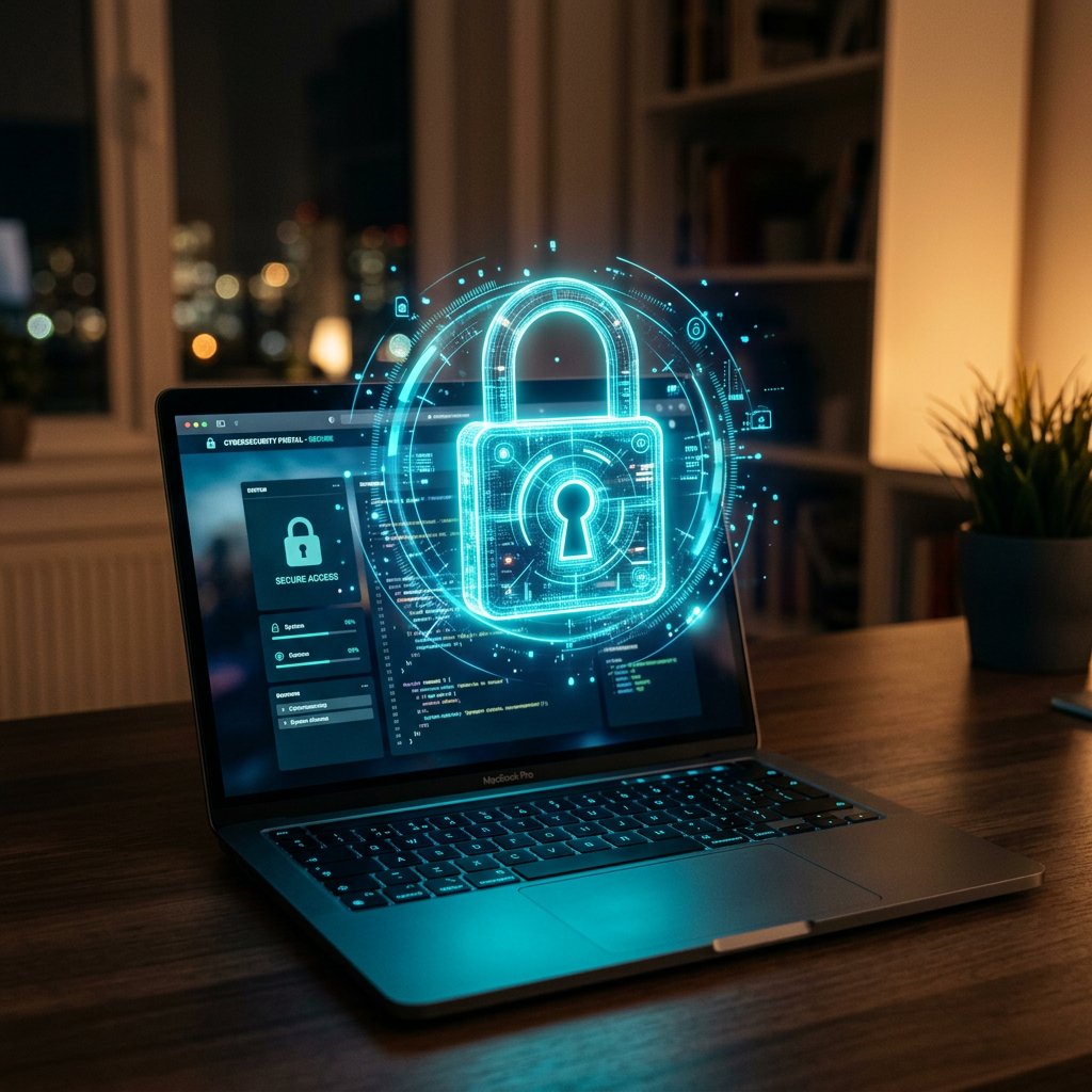Laptop screen showing cybersecurity interface with a digital lock icon.
