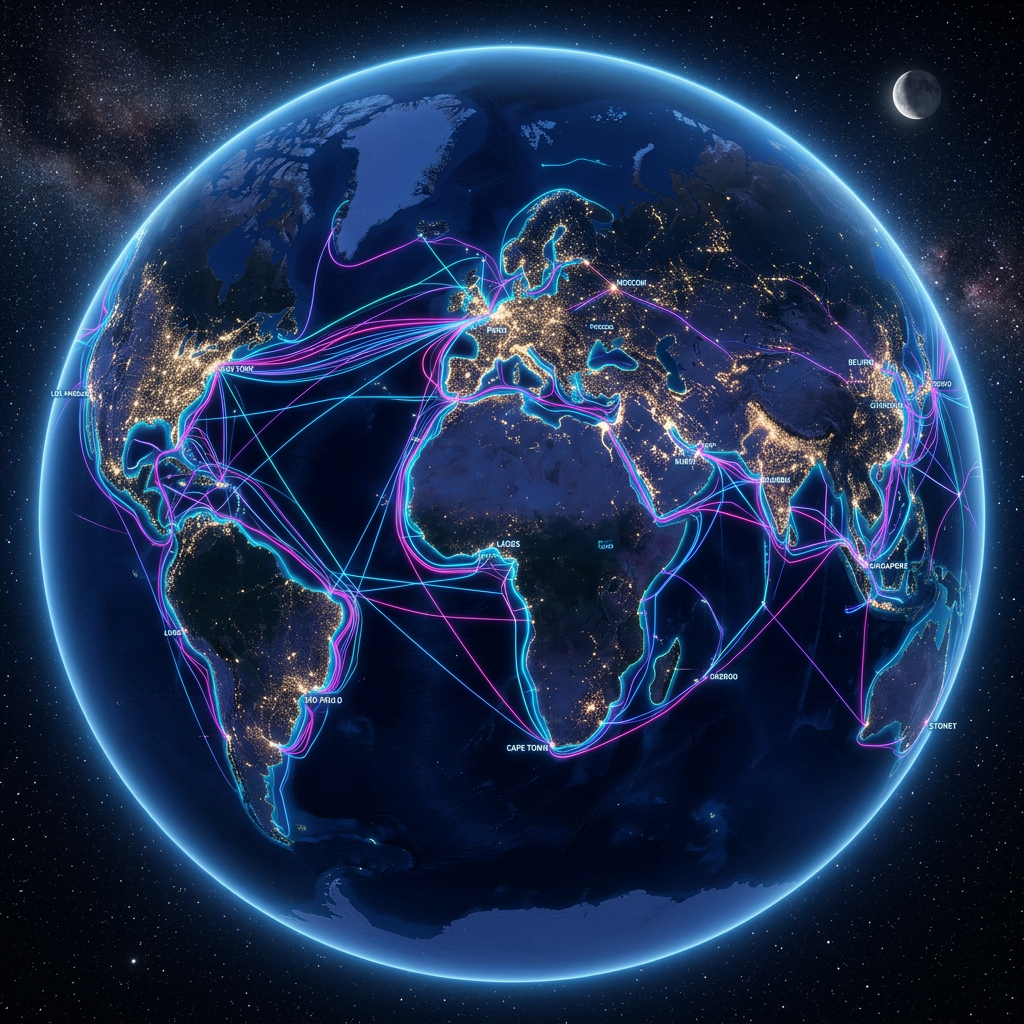 Globe showing illuminated cities and global network of submarine communication cables